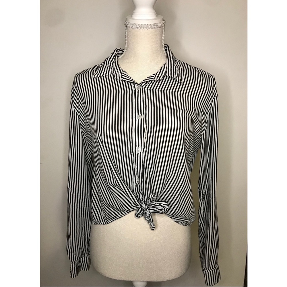 Pinstriped button up tie front blouse